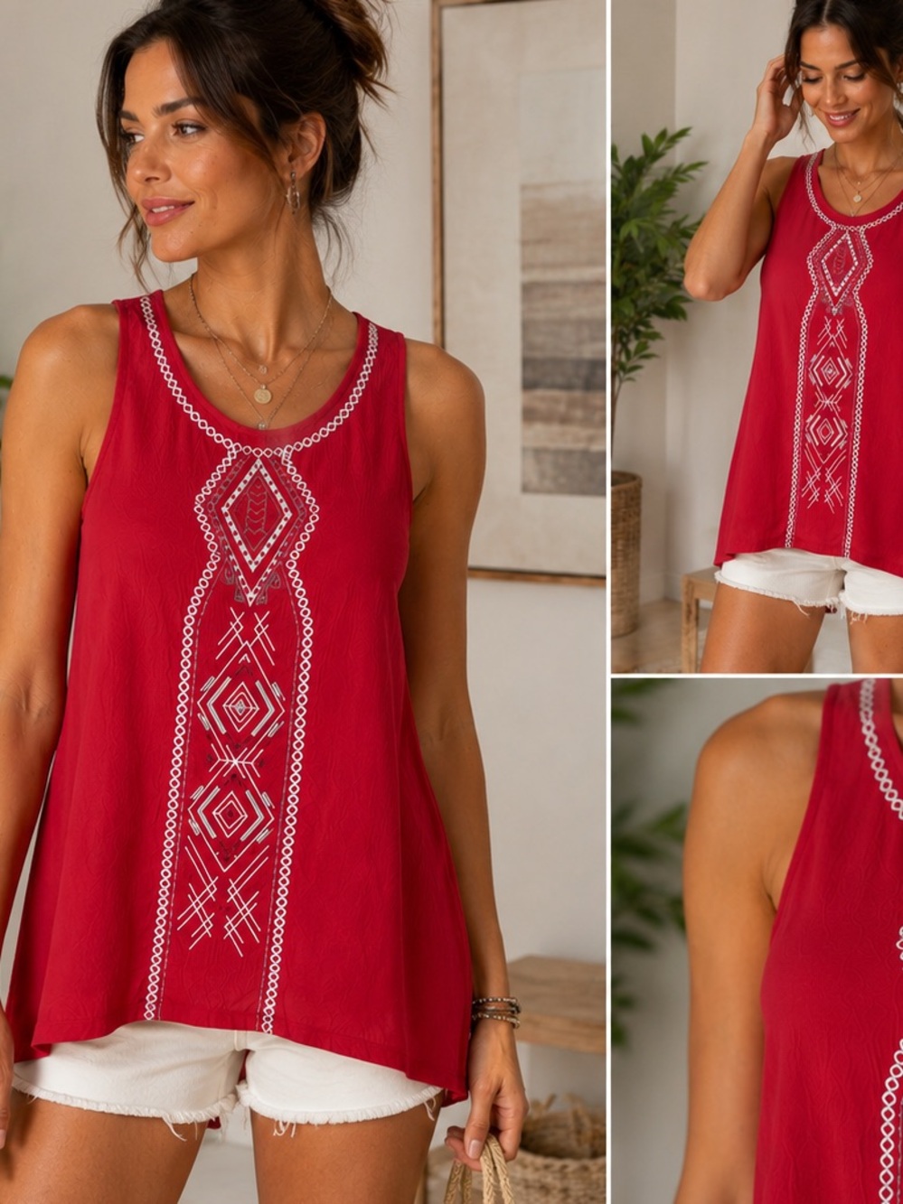 Faded Glory Tank Tunic Red Hi Low Southwestern Embroidered Size XL 16-18